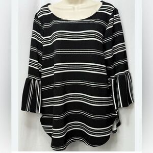 GREEN ENVELOPE Striped Flutter Sleeve Blouse‎ 1X Popover Career Black White